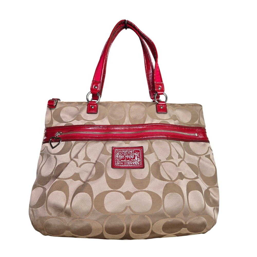 Coach Signature Satchel Tote Bag Purse Handbag Beige Red Accents‎